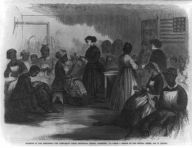 Engraving of freedwomen sewing.