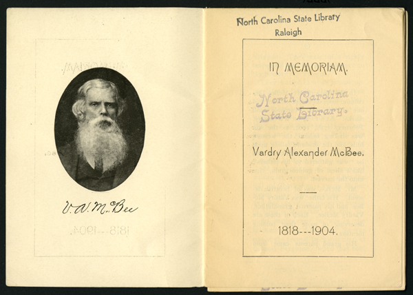 Photographic portrait of Vardry Alexander McBee (1818-1904), son of Vardry McBee.  From Alfred Nixon's "In Memorium: Vardry Alexander McBee 1818-1904," published circa 1904.  From the collections of the Government & Heritage Library, State Library of North Carolina. 