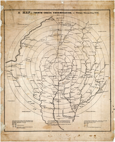 Image of Map of Fourth Creek Congregation, Iredell County, North Carolina, published 1847, based on a map originally drawn by William Sharpe in 1773. Item MARS ID 3.1.1.5.1 from the collections of the State Archives of North Carolina.  Presented on NC Maps at the University of North Carolina. 