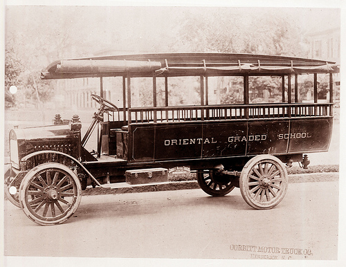 School bus made by the Corbitt Truck Company in Henderson, NC, for Oriental Graded School, Pamlico County, NC, c.1917. From the General Negative Collection, North Carolina State Archives, call #:  N_80_3_57,  Raleigh, NC.